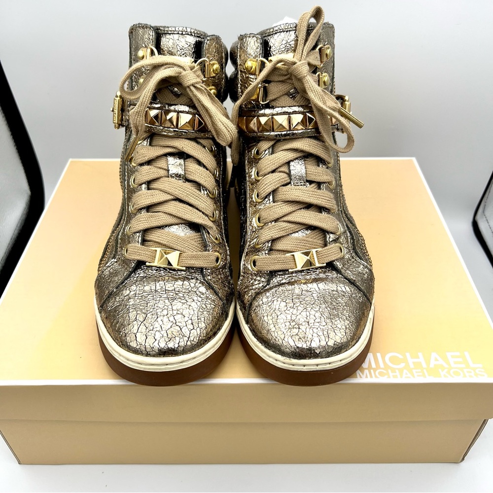 EUC Michael Kors Glam Studded Metallic Leather High-Top Sneakers